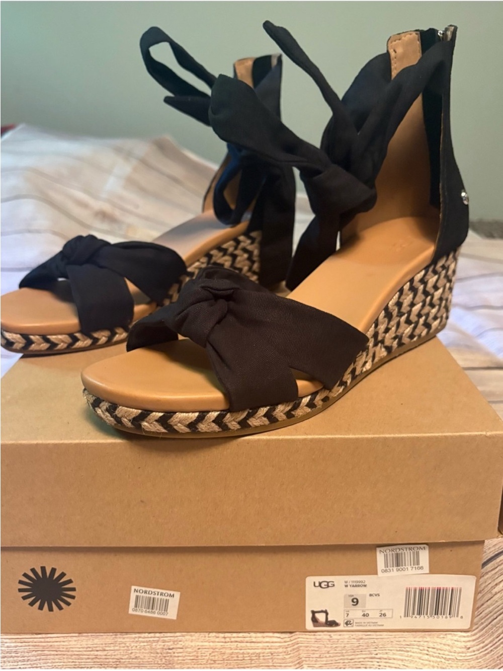 UGG Black and Tan Espadrille Wedge Sandals with Ankle Tie (New in Box)